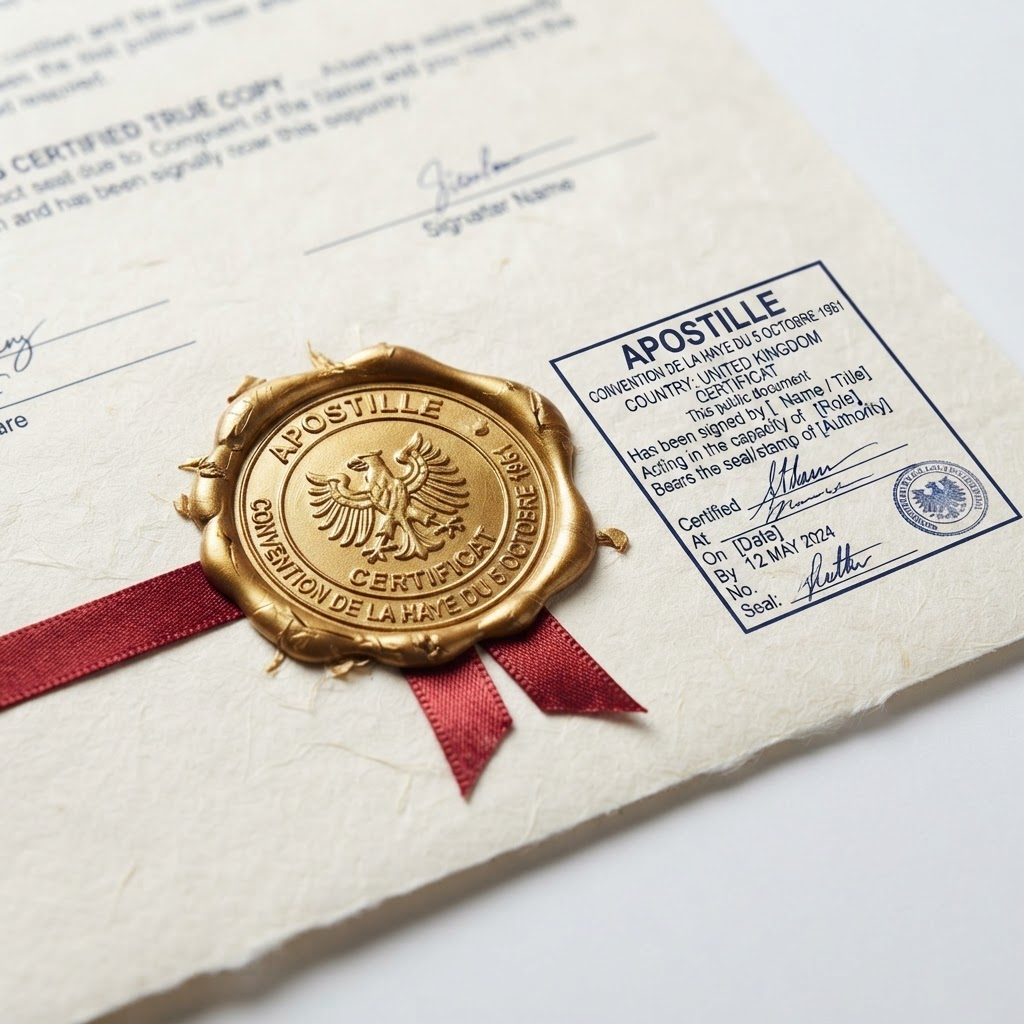 Close-up of an official gold apostille seal on a certified document